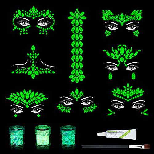 8Pcs Glow in the Dark Face Jewels - Noctilucent Face Gems stickers Self-adhesive Luminous Tattoos Rhinestone Mermaid Body Jewelry Fluorescent Crystals Sticker for Jewels Easter Rave Halloween