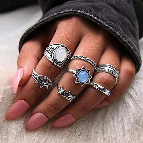 Woeoe Boho Silver Ring Set Evil Eye Gemstone Carved Rings Sun Vintage Knuckle Joint Finger Rings Sets for Women and Girls (Pack of 7）