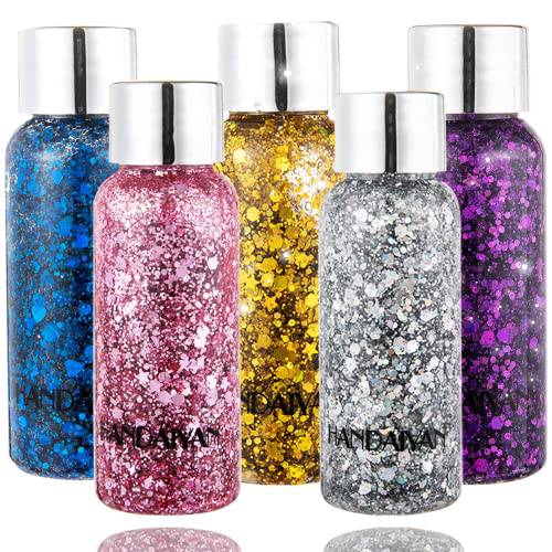 Body Glitter 5 Color Set Chunky Glitter Mixed,Hair Eyes Glitter Holographic Cosmetic for Christmas Gold Sliver Purple Pink Blue Shimmer Sequins Glitter