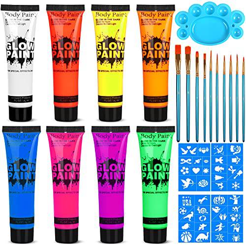 UV Glow Blacklight Neon Face and Body Paint, 8 Tubes 0.84oz Glow in the Dark Body Paints, Neon Fluorescent Glow in Dark Party Supplies
