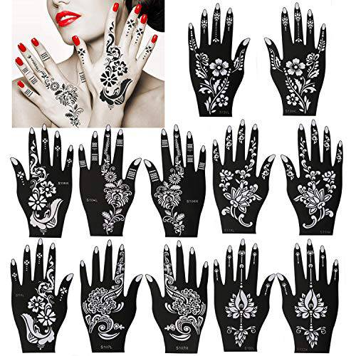 Tattoo Stencil Templates(12 Sheets), Konsait Reusable Henna Hand Temporary Tattoo Kit, Arabian Indian Self-Adhesive Tattoo Sticker for Women Girls Adults for Hand Face Body Art Paint Stencil