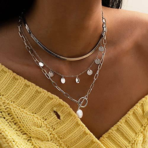 Chargances Boho Pearl and Sequins Pendant Necklace for Women and Girls Layered OT Toggle Clips Chain Choker Necklace for Party and Daily Wearing (silver)