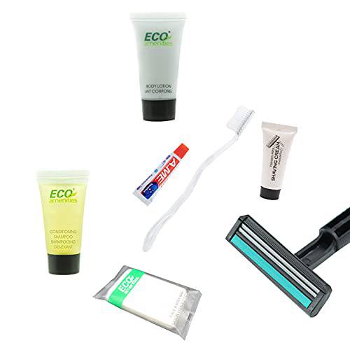 ECO amenities 6-Piece All-in-Kit-Soap-Body Lotion-Shampoo&Conditioner 2 in 1 -Toothbrush- Toothpaste-Hair Comb- Hotel Toiletries Bulk Guest Shower Bath Amenities