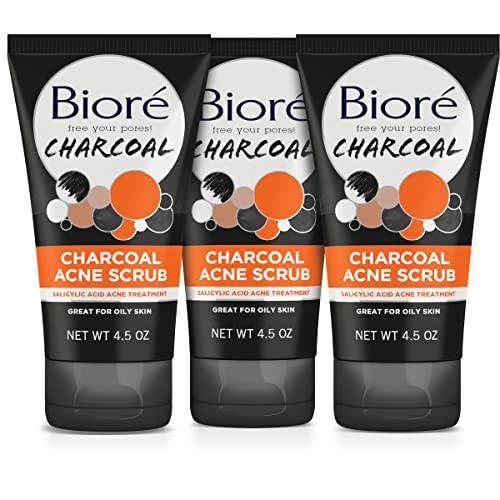 Bioré Charcoal Acne Face Scrub, with 1% Salicylic Acid and Natural Charcoal, Helps Prevent Breakouts and Absorb Oil for Deep Pore Cleansing, 4.5 Ounce (Pack of 3)