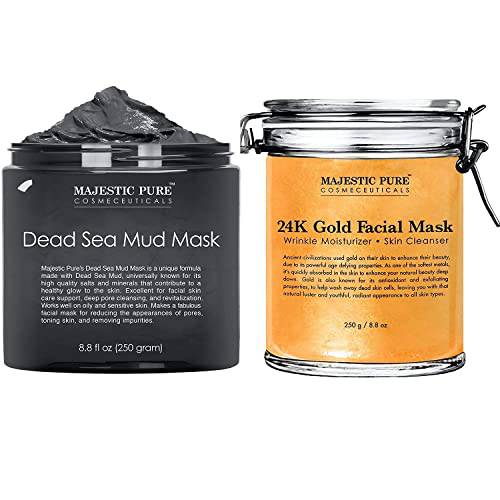 Majestic Pure Dead Sea Mud Mask and 24K Gold Mask Bundle – Face and Skin Care for Women and Men