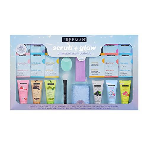 FREEMAN Limited Edition Scrub & Glow Ultimate Face and Body Kit, 20 Piece Christmas Gift Set, Facial Masks For Hydrating & Glowing Skin, Perfect for Wife, Spouse, Girlfriend, or Daughter