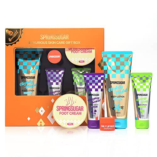 SPRINGSUGAR Women’s Skin Care Birthday Day Gift Set include 2 Pcs Hand Cream, Body Lotion, Foot Cream & Lip Mask, 5 Pcs Self Body Care Products