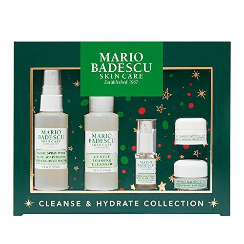 Mario Badescu Cleanse & Hydrate 5 Piece Stocking Stuffers, Christmas Gifts Kit With Coconut Facial Spray, Gentle Foaming Cleanser, Hyaluronic Dew Drops, Hyaluronic Dew Cream & Caffeine Eye Cream