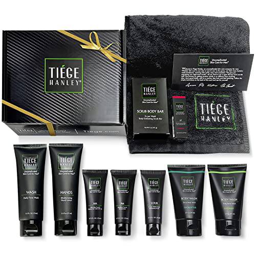Tiege Hanley Men’s Skin Care Mega Gift Box | 10 products | 5 Facial Care | 2 Body Wash | 1 Bar Soap, Hand Lotion, and a Plush Hand Towel | Great Gift Set for Men