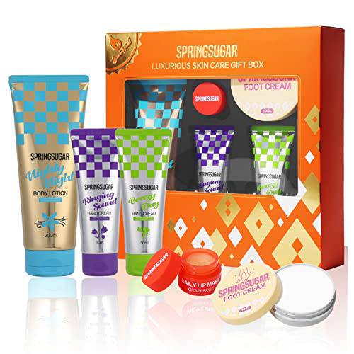 SPRINGSUGAR Skin Care Gift Set For Women Includes 2 Hand Cream Body Lotion Foot Cream Lip Mask Moisturizer For Dry Cracked Hands And Heels Gift Box For Christmas Birthday