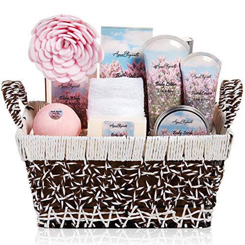 Spa Baskets For Women - Luxury Bath Set With Lilac & Rose Oil - Spa Kit Includes Wash, Bubble Bath, Lotion, Bath Salts, Body Scrub, Body Spray, Shower Puff, Bathbombs, Soap and Towel