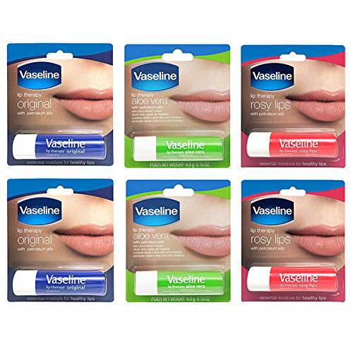 Vaseline Lip Therapy Stick with Petroleum Jelly Gift Set Includes Original, Rosy Lips and Aloe, 6 Count