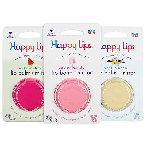 Happy Lips – Lip Balm with Mirror – Pop onto your Phone’s Collapsible Socket Grip or attach anywhere with the adapter: Tablet, Laptop, Desk... Anywhere (Variety Pack))