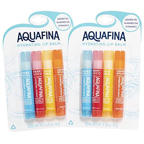 Aquafina Hydrating Lip Balm (2) 4-Packs, Jojoba & Almond Oils, Vit. E, New Flavors (Lemon Zing, Orange Splash, Berry Loco, Pure Original) Total of 8 sticks Lip Ointment Healing Therapy for Lips