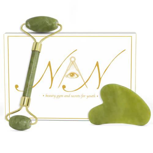 New Age Jade Roller Gua Sha Set for face to Eliminate Eye Puffiness, Dark Circles, Wrinkles & Relax Muscles- 2 in 1 Kit with Real Stone Massager, Neck, Skin Care Routine, Light Green