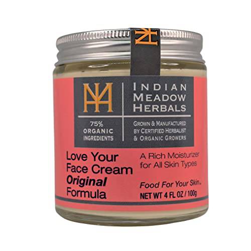 Indian Meadow Herbals Love Your Face Cream 4 oz, 82% Certified Organic Ingredients, For all skin types, GLUTEN-FREE.