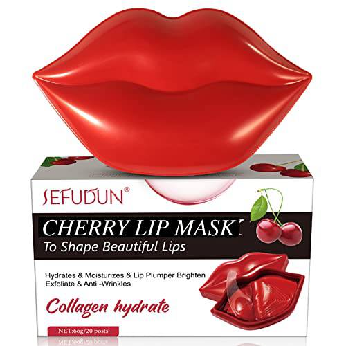 20 Pcs Lip Mask, Cherry Lip Mask, Nature Plant Lip Scrub, Moisturizing Sleeping Collagen Hydrate Lip Scrubs, Soothing for Lip, Moisturizes, Lip Plumper Brighten, Exfoliate and Anti - Wrinkles