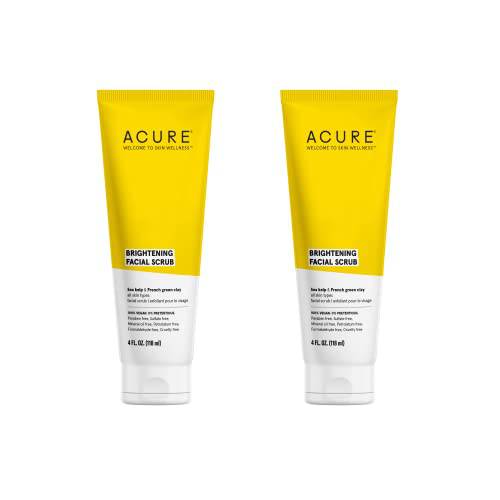 Acure Brightening Facial Scrub Duo Pack - 4 Fl Oz Each - 2 Pack - All Skin Types, Sea Kelp & French Green Clay - Softens, Detoxifies and Cleanses