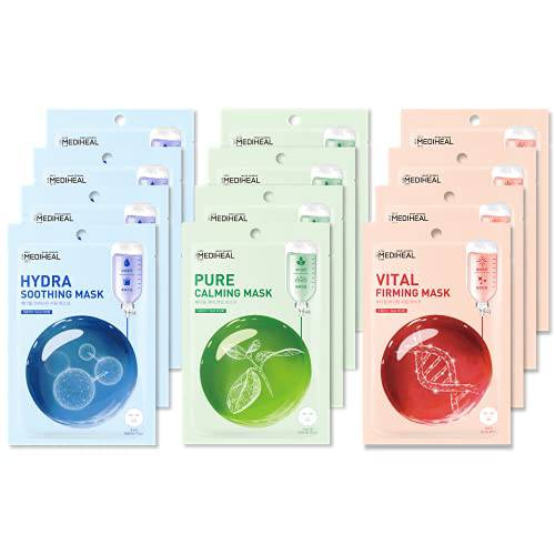 Mediheal Daily Essential Masks 12 Pack (3 types x 4 each) Soothing, Hydrating, Firming
