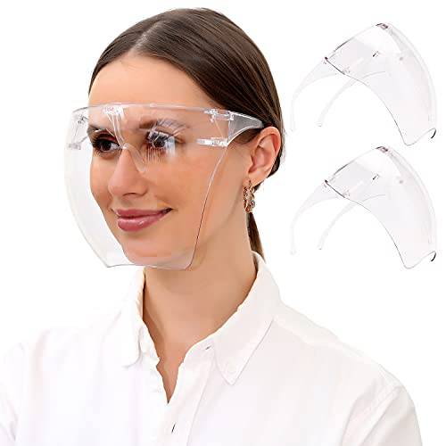 Clear Face_Mask Shield, 2 Pack Safety Transparent_Face_Mask with Glasses Frame Full Face Protective Reusable Goggle Shield Anti-Fog Anti-Spitting & Scratch Resistant Suitable for Indoor and Outdoor Activities