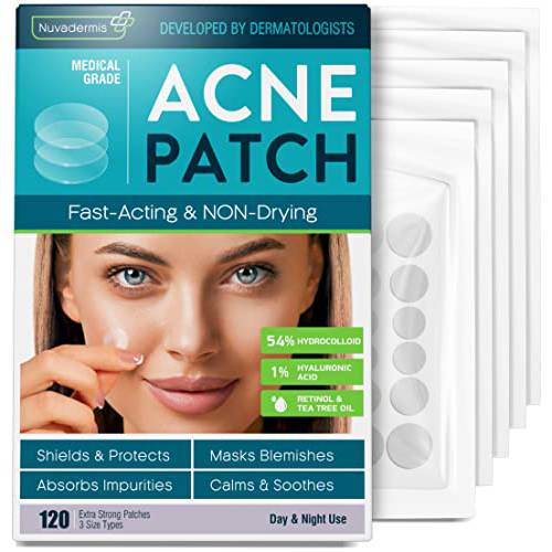 Acne Pimple Patches - Dark Spot, Blemish, Zit Treatment - 54% Hydrocolloid Dot Stickers - 120 Patch Pack for Clean Skin - Hyaluronic Salicylic Acid, Tea Tree Oil, Vitamin A - Face Cystic Pore Covers