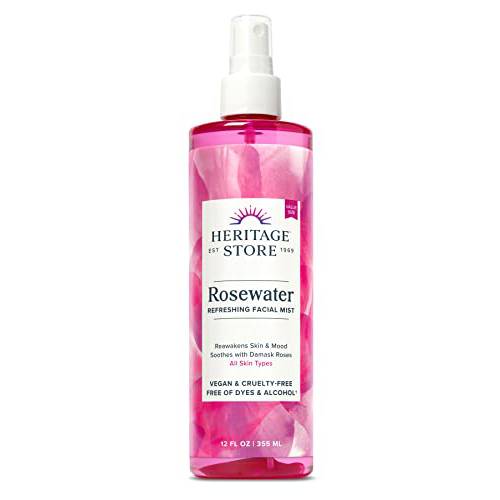 HERITAGE STORE Rosewater, Refreshing Facial Mist for Glowing Skin, With Damask Rose Oil, All Skin Types, Rose Water Spray for Face Made Without Dyes or Alcohol, Vegan & Cruelty Free (12oz)