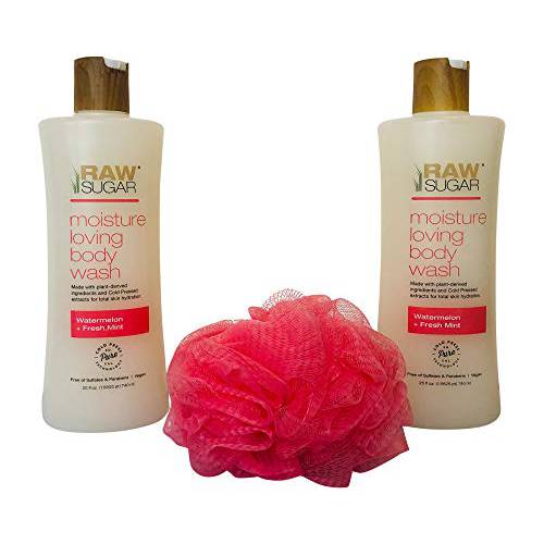 Raw Sugar Body Wash Bundle: 2 Watermelon and Mint Body washes (25 oz.) + Color coordinated Loofah