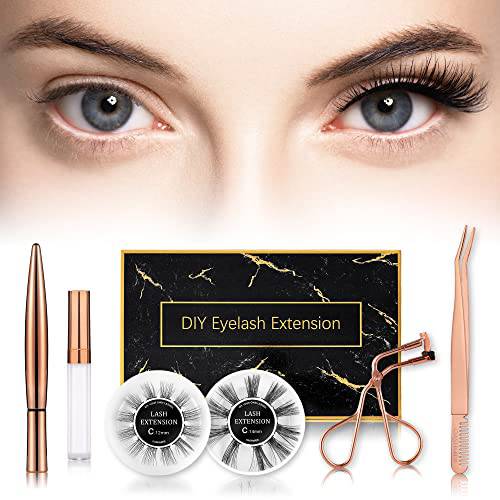 DIY Eyelash Extension, Cluster Eyelash Extensions, Individual Lashes Kit, Individual Lashes with Glue Tweezers Eyeliner and Curlers(Volume)