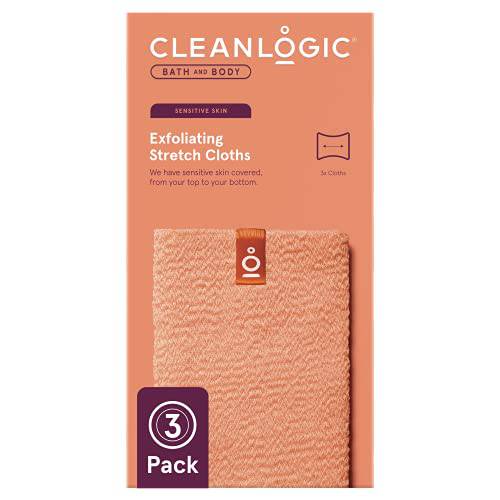 Cleanlogic Body Exfoliating Cloth, Stretchy Exfoliator Bath and Shower Washcloths for Sensitive Skin, Reusable Daily Skincare Tool, Assorted Colors, 3 Count Value Pack