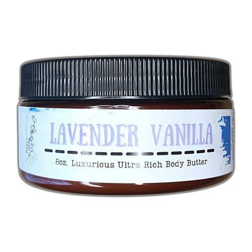BLUEBYRD Soap Co. Ultra Rich Lavender Vanilla Body Butter | Destressing Whipped Body Butter for Womens Dry Skin | Moisturizing Non-Greasy Lotion for Hand, Body & Feet, Made with Coconut Oils & Plant Based Essential Oil Blends, 8oz Jar (LAVENDER)