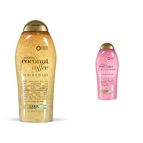 OGX Coffee Scrub and Wash, Coconut 19.5 Fl Oz with OGX Pink sea salt & rosewater gentle soothing body scrub, 19.5 Ounce, 1.0 Count