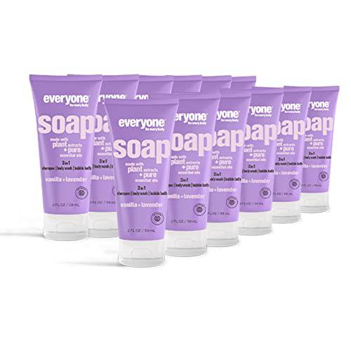 Everyone 3-in-1 Soap Travel Size: Body Wash, Bubble Bath, and Shampoo, Vanilla and Lavender, 2 Fl. Oz (Pack of 12)