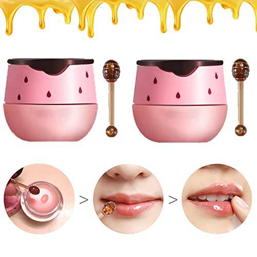 2PCS Bee Lip Balm Honey Pot, Honey Lip Balm, Strawberry Lipstick, Sleeping Lip Mask, Honey Lip Mask with Applicator, Hydrating & Prevention Dry and Cracked Lip Scrubs Exfoliator (pink)