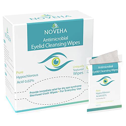 NOVEHA Eyelid & Lash Wipes | For Itchy, Dry Eyes, Styes & Blepharitis, Demodex | Gentle & Natural 0.02% Pure Hypochlorous Acid Cleansing Wipes, Hypoallergenic & Soothing For Sensitive Eyes, Pack of 60