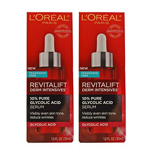 Treat-ur-Skin,L’Οreal Derm Intensives 10% Pure Glycolic Acid Serum Dark Spot Corrector, Even Tone, Reduce Wrinkles, Peel for Skin, Hydrates, 1 oz, 071249403600, (Pack of 2)
