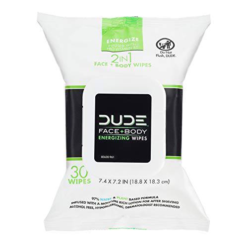DUDE Wipes Face and Body Wipes - 1 Pack, 30 Wipes - Wipes Infused with Energizing Pro Vitamin B5 - 2-in-1 Face & Body Wipes - Alcohol Free and Hypoallergenic Cleansing Wipes