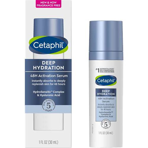 CETAPHIL Deep Hydration Fragrance Free 48 Hour Activation Serum, 1 fl oz, 48Hr Dry Skin Face Moisturizer for Sensitive Skin, With Hyaluronic Acid, Vitamin E & B5, Dermatologist Recommended