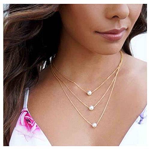Yheakne Boho Layered Pearl Necklace Choker Gold Pearl Pendant Necklace Multi Layer Vintage Necklace Chain Bridal Necklace Jewelry for Women and Girls (3 Layer)