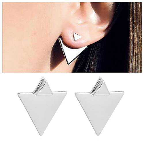 Yheakne Boho Triangle Ear Jacket Earrings Silver Geometric Studs Earrings Double Sided Earrings Minimalist Front Back Earrings Jewelry for Women and Girls (Silver)