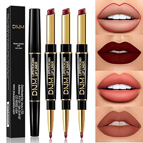 KARNAR 3 Pcs Lip Liner and Lipstick Set, Matte Lipstick with Lip Liner 2 in 1 , 24 All Day Dark Red Lipstick Matte Kit with Lipliner (C-1)