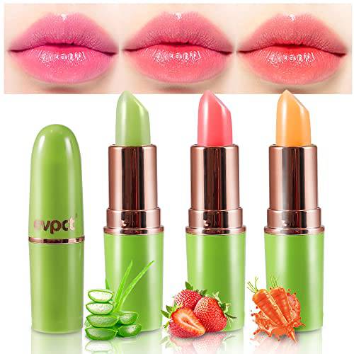3Pcs Aloe Vera Strawberry Carrot Lipstick Lip Color Changing Color Lipstick Lip Balm Set, Green Magic Lipstick PH Lip Balm Stain Color Change Changing Crystal Flower Jelly Lipstick Makeup for Women 2