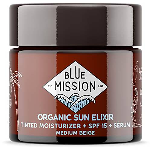 BLUE MISSION Tinted Organic BB Cream Moisturizer w/ SPF 15 | Vegan, Reef-Safe & Glass Jar. Made in the USA. (Medium Beige | 1.7 oz)