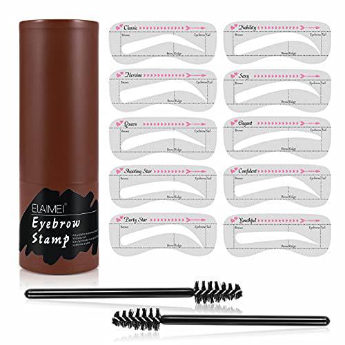 Eyebrow Stamp Stencil Kit, Professional Waterproof Long Lasting Buildable Eyebrow Powder Stamp Makeup Tools with 10 Styles Reusable Eyebrow Stencils, 2 Eyebrow Pen Brushes (standard, Dark Brown)