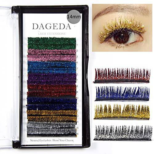 DAGEDA 8 Colors Lash Extension Glitter Lash Extensions, Colored Easy Fan Volume Lashes, Individual Eyelash Extension, Rapid Blooming Flower Tray Lash Fans, Self Fanning Eye Lash Extension (0.15C 14mm)