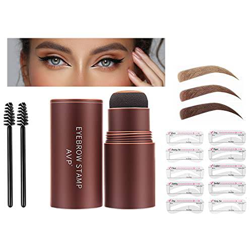 Eyebrow stamp stencil kit, brow stamp, brow stamp and shaping kit, Eyebrow Stamp and Eyebrow Stencil Kit, with 10 Reusable Eyebrow Stencil and 2 Eyebrow Brushes (02Natural Brown)