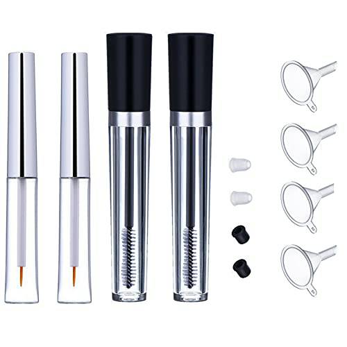Empty Eyelash Mascara Tube and Eyeliner Wand, 8ml Mascara Tube Wand Eyelash Container Bottle, 7ml Empty Mascara and Eyeliner Tubes Transparent 4 Packs with Rubber Inserts, Funnels for DIY Castor Oil