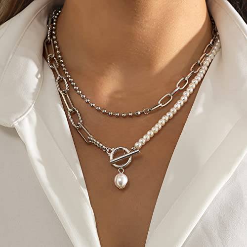 Bethynas Dainty Silver Layered Baroque Pearl OT Clasp Necklace Stacking Beaded Ball Chain Paperclip Pearl Chain Retro Necklace for Women Girls