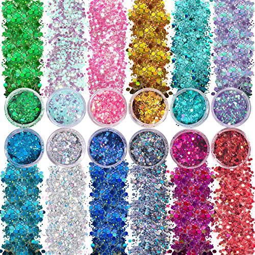 Face Body Glitter - MAKI YIKA 12 Colors Holographic Chunky Glitter for Hair, Nail, and Eye, Christmas Party Festival Cosmetics Glitter Makeup
