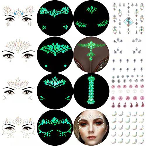 Face Gems, 7 Sets Luminous Face Jewels and 4 Sets Non-luminous Face Gems Rhinestone Stickers, Body Makeup Green Halloween Rainbow Tears Glow In Dark Rave Accessories