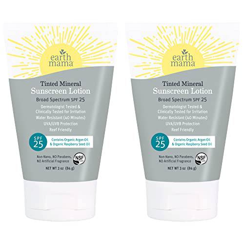 Earth Mama Tinted Mineral Sunscreen Lotion SPF 25, Contains Organic Argan and Red Raspberry Seed Oil, 3-Ounces, 2-Pack